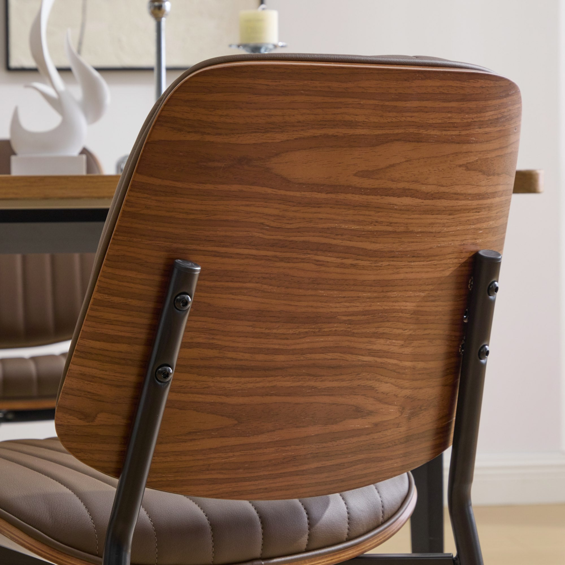 Set of 2 Start2Finish mid-century modern dining chairs with walnut bentwood back, upholstered seat, metal legs, and adjustable feet