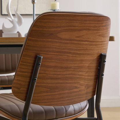 Set of 2 Start2Finish mid-century modern dining chairs with walnut bentwood back, upholstered seat, metal legs, and adjustable feet