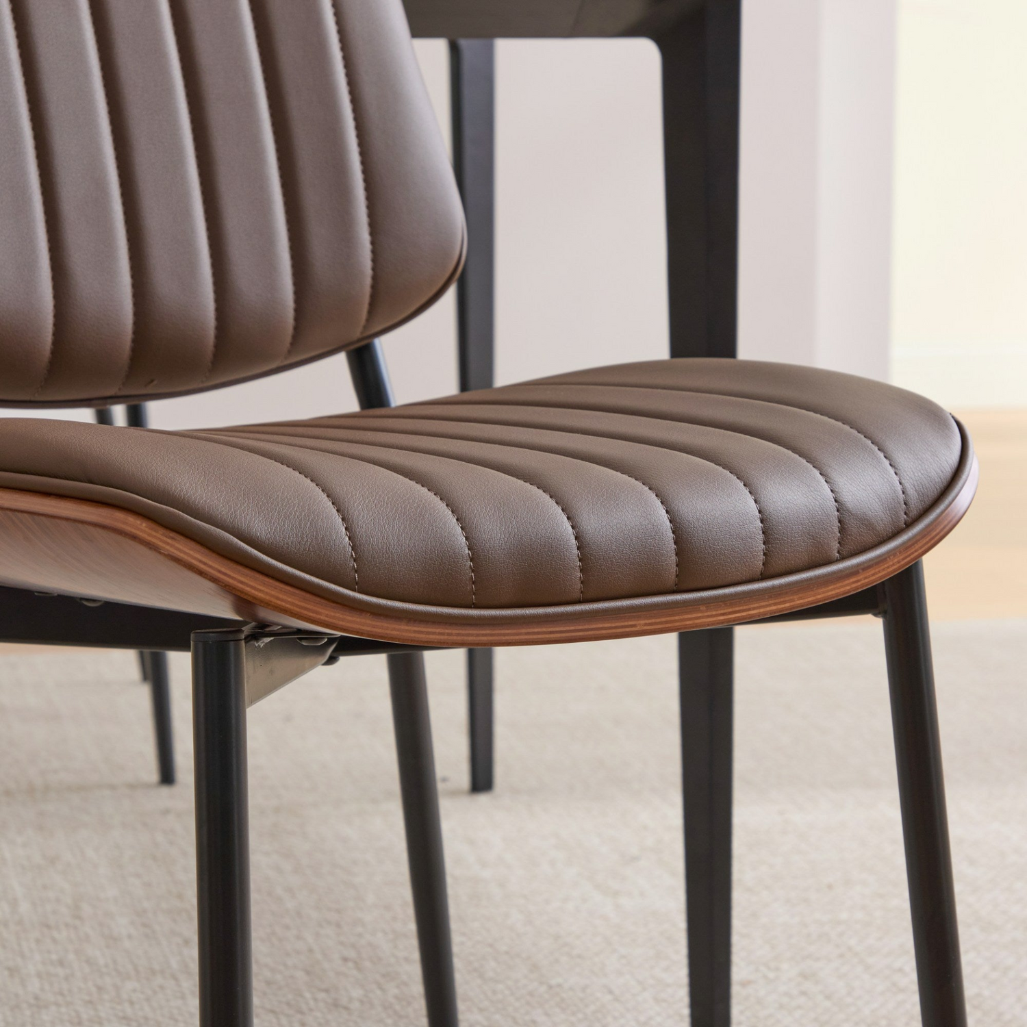 Set of 2 Mid Century Modern upholstered dining chairs with walnut bentwood back and metal legs, adjustable feet for kitchen or dining room.