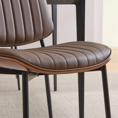Set of 2 Mid Century Modern upholstered dining chairs with walnut bentwood back and metal legs, adjustable feet for kitchen or dining room.