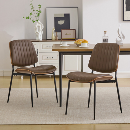 Set of 2 Start2Finish mid-century modern dining chairs with walnut bentwood backs, metal legs, and upholstered seats.