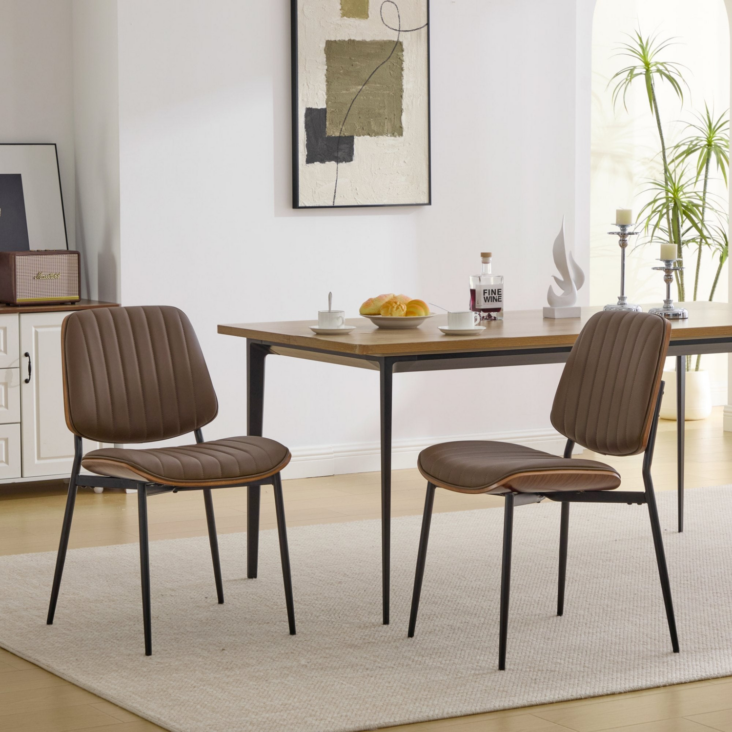 Set of 2 Mid Century Modern Start2Finish dining chairs with walnut bentwood backs, upholstered seats, metal legs, and adjustable feet.