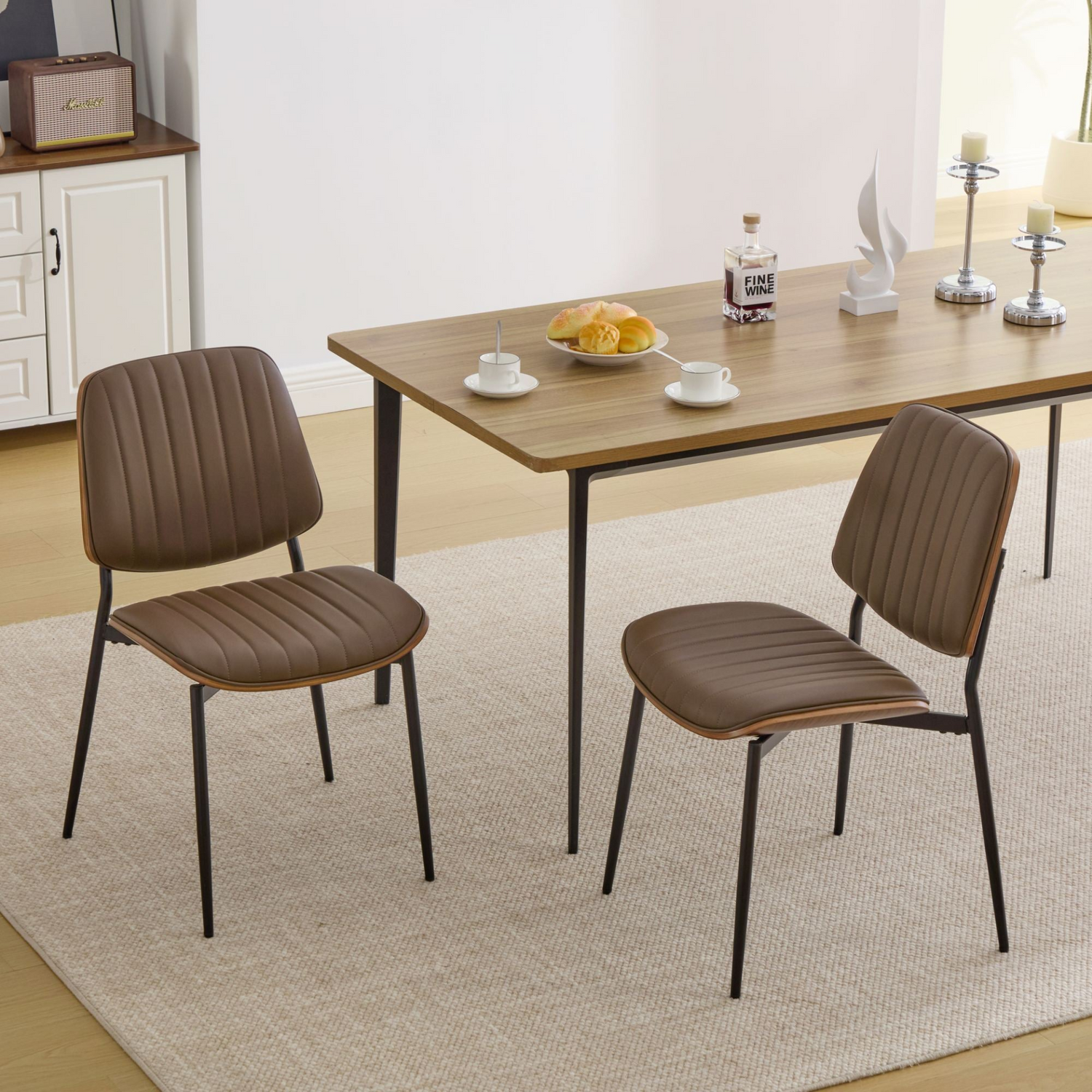 Set of 2 Mid Century Modern upholstered dining chairs with walnut bentwood backs, metal legs, and adjustable feet for kitchen and dining.