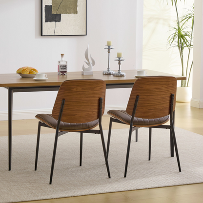 Set of 2 Mid Century Modern upholstered dining chairs with walnut bentwood backs, metal legs, and adjustable feet for kitchen and dining room.