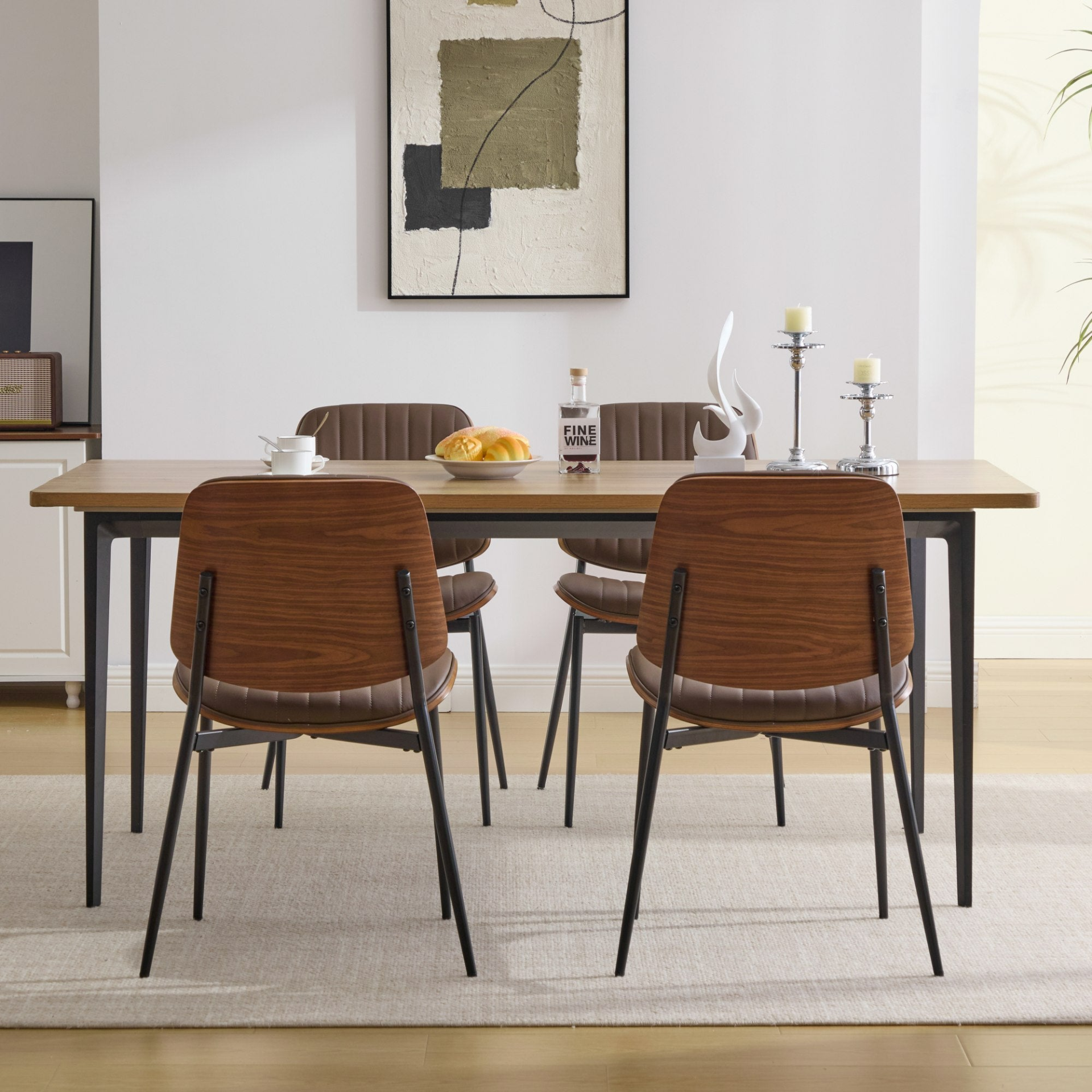 Set of 2 Mid Century Modern upholstered dining chairs with walnut bentwood backs, metal legs, and adjustable feet for kitchen or dining room.