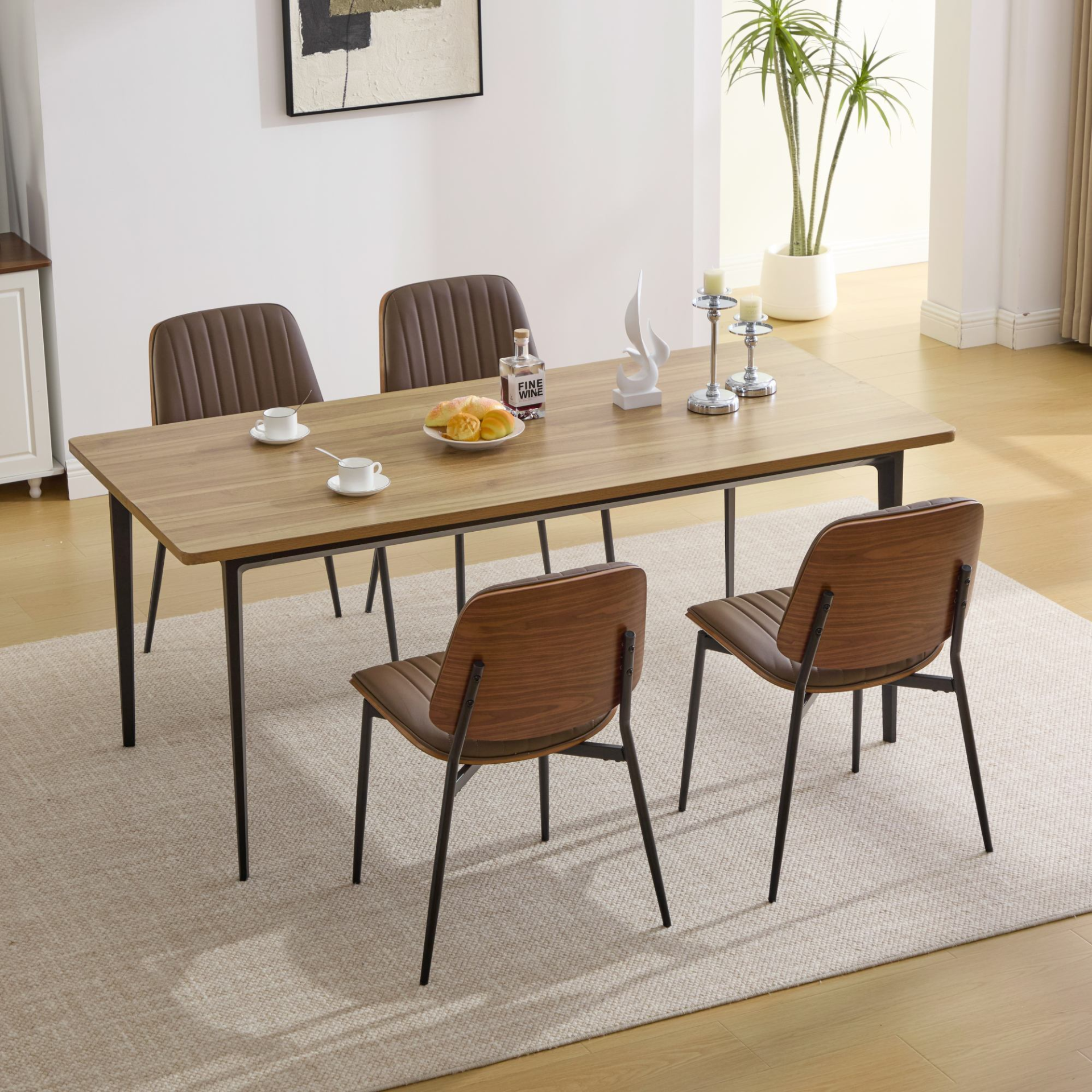 Set of 2 Mid Century Modern upholstered dining chairs with walnut bentwood backs, metal legs, and adjustable feet.