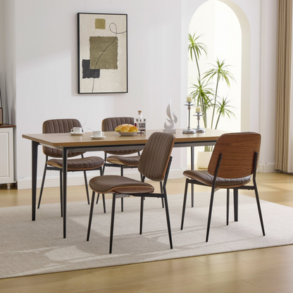 Set of 2 Mid Century Modern upholstered dining chairs with walnut bentwood backs, metal legs, and adjustable feet for kitchen and dining.