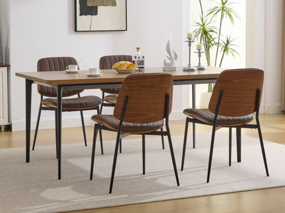 Set of 2 Mid Century Modern upholstered dining chairs with walnut bentwood backs, metal legs, and adjustable feet.