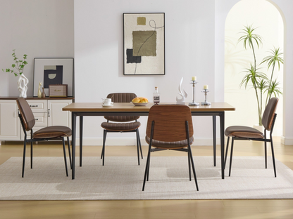 Set of 2 Mid Century Modern upholstered dining chairs with walnut bentwood backs, metal legs, and adjustable feet for kitchen or dining room.