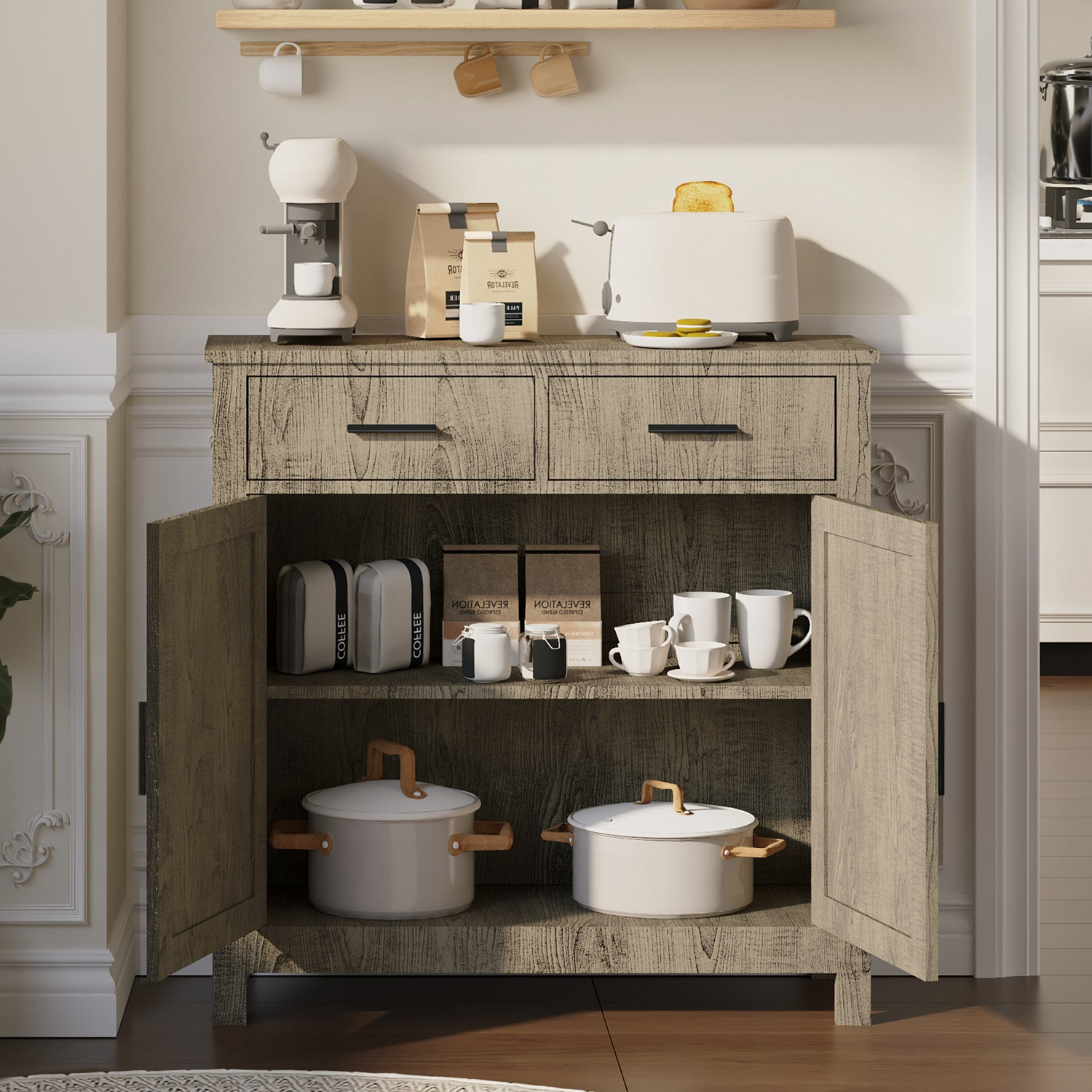 Start2Finish modern farmhouse kitchen storage cabinet with two drawers and two doors, showcasing wood finish and sleek design.