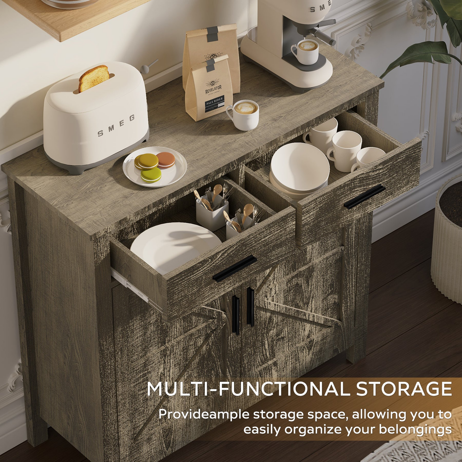 Modern farmhouse kitchen storage cabinet by Start2Finish with two drawers and two doors, showcasing a stylish furniture piece.