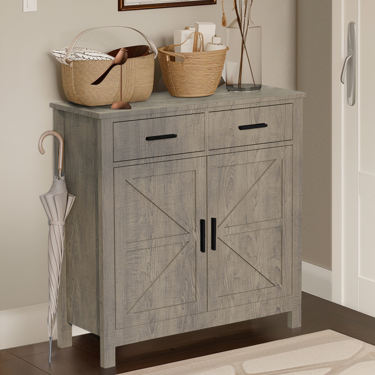 Modern farmhouse kitchen storage cabinet by Start2Finish with two drawers, two doors, and a sleek, stylish design.