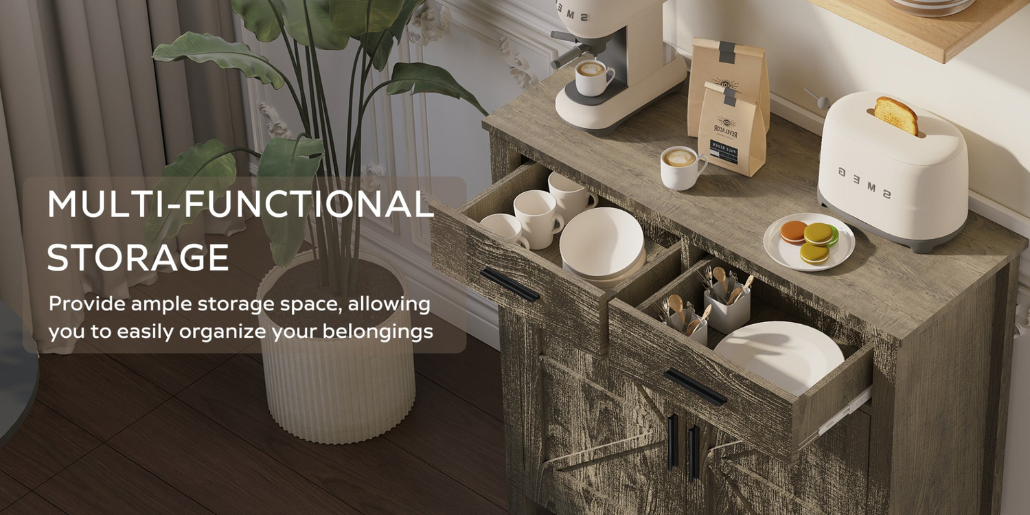 Modern farmhouse kitchen storage cabinet by Start2Finish with two drawers, two doors, and a sleek, functional design.