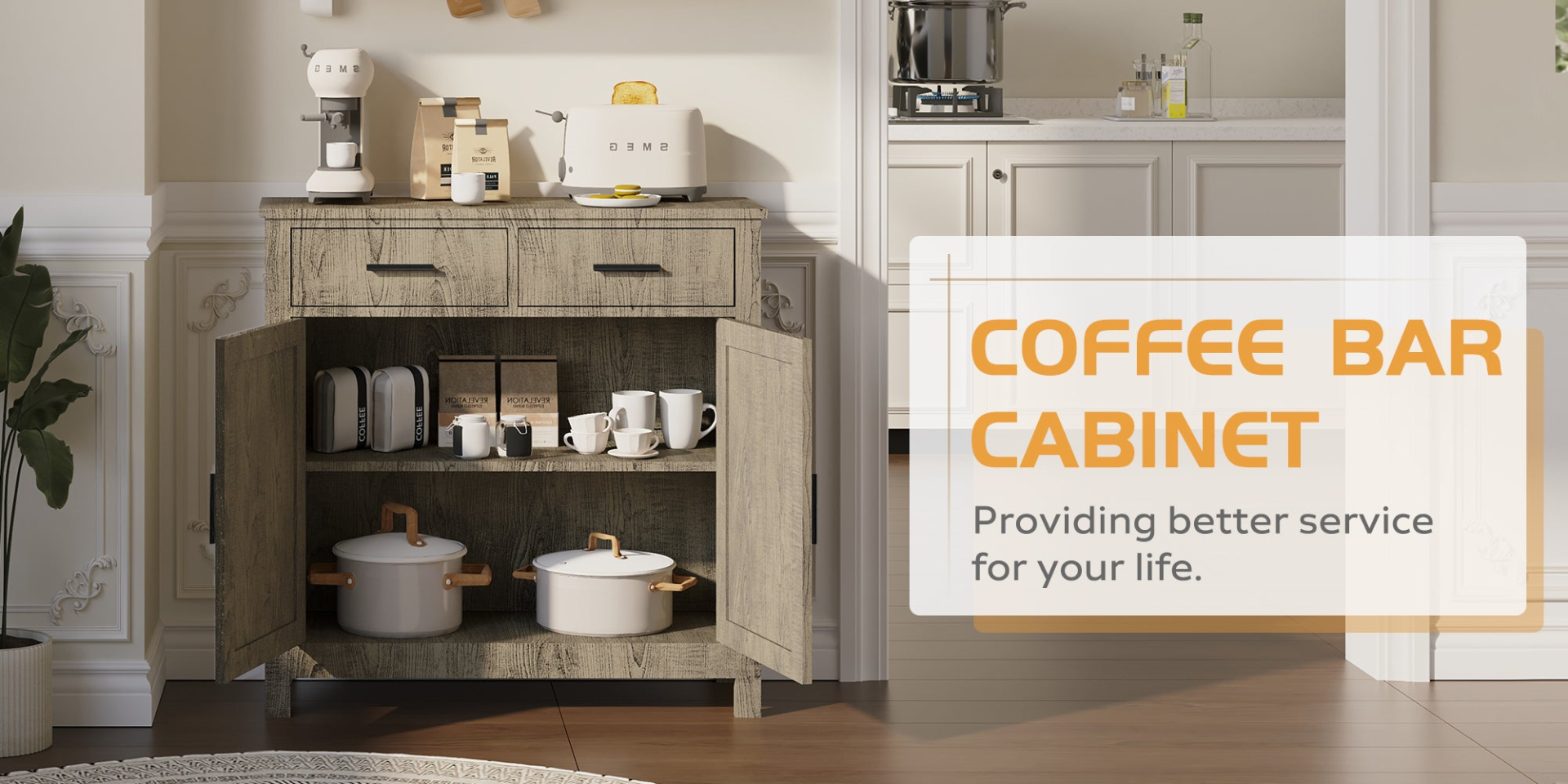 Modern farmhouse kitchen storage cabinet by Start2Finish with two drawers and two doors, showcasing a sleek, functional furniture piece.