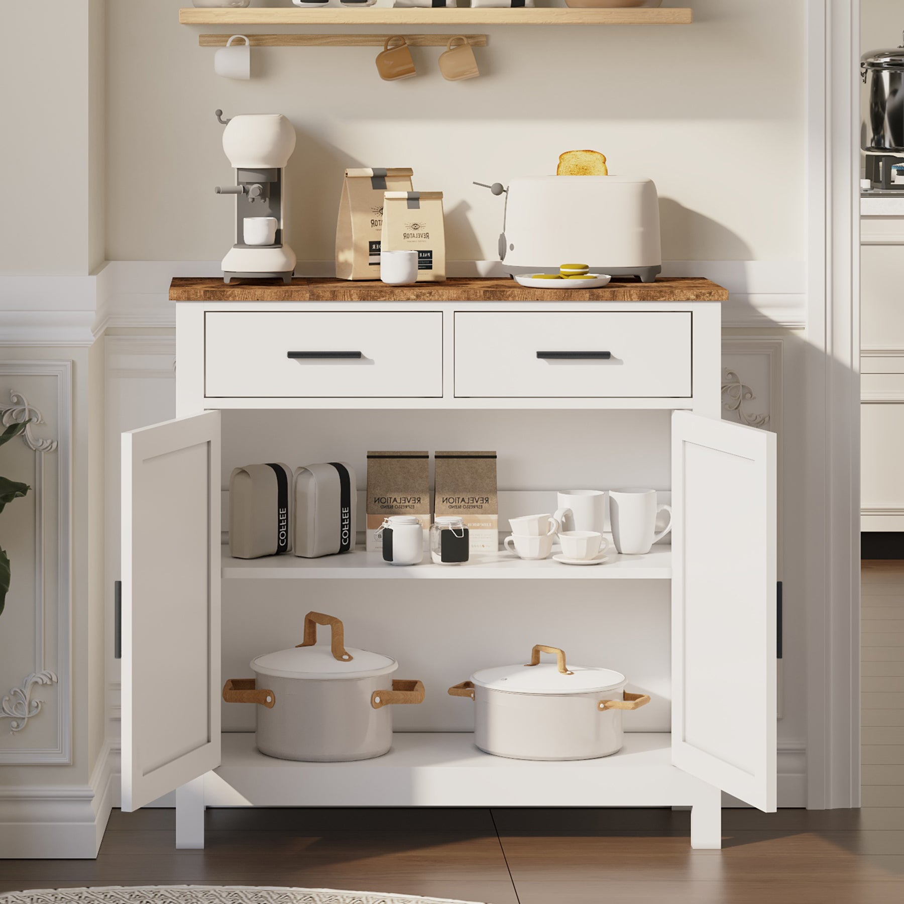 Modern farmhouse kitchen storage cabinet by Start2Finish with 2 drawers and 2 doors, showcasing durable wood finish and sleek design.