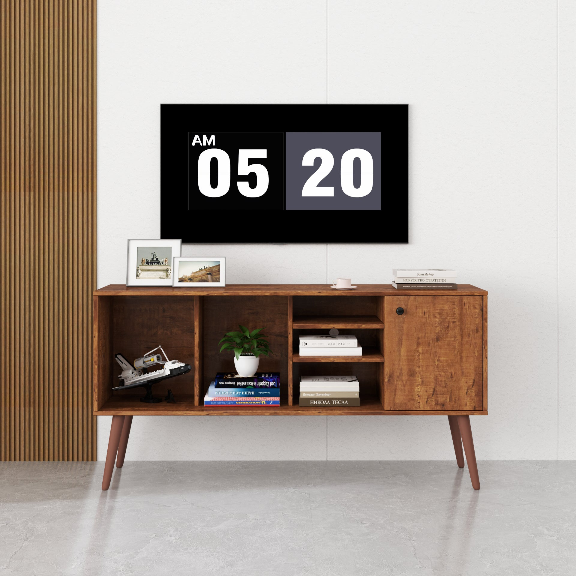Start2Finish TV stand for living room with one storage compartment and three open shelves, modern furniture for entertainment setup.