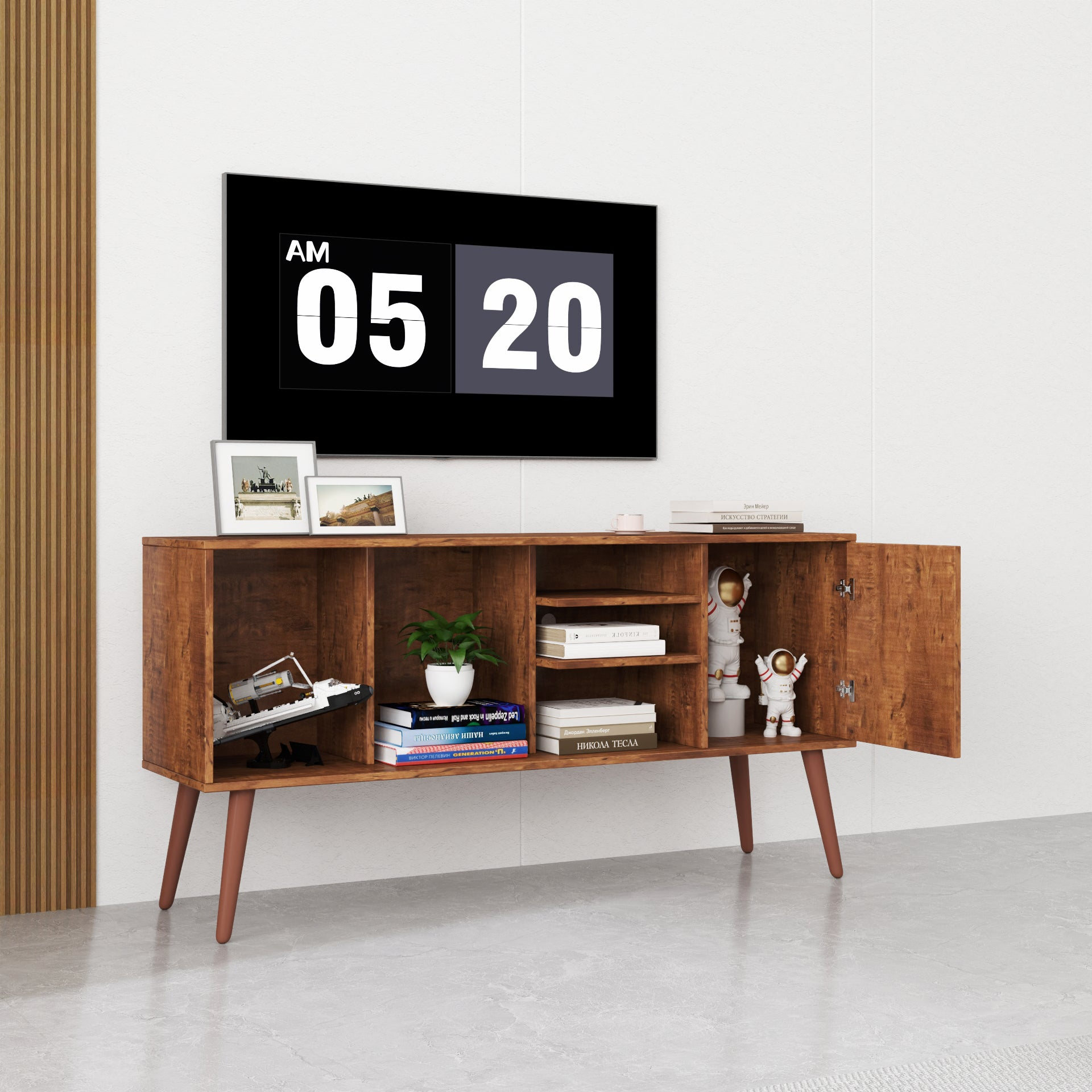 Start2Finish TV stand for living room with one storage compartment and three open shelves, modern furniture piece.