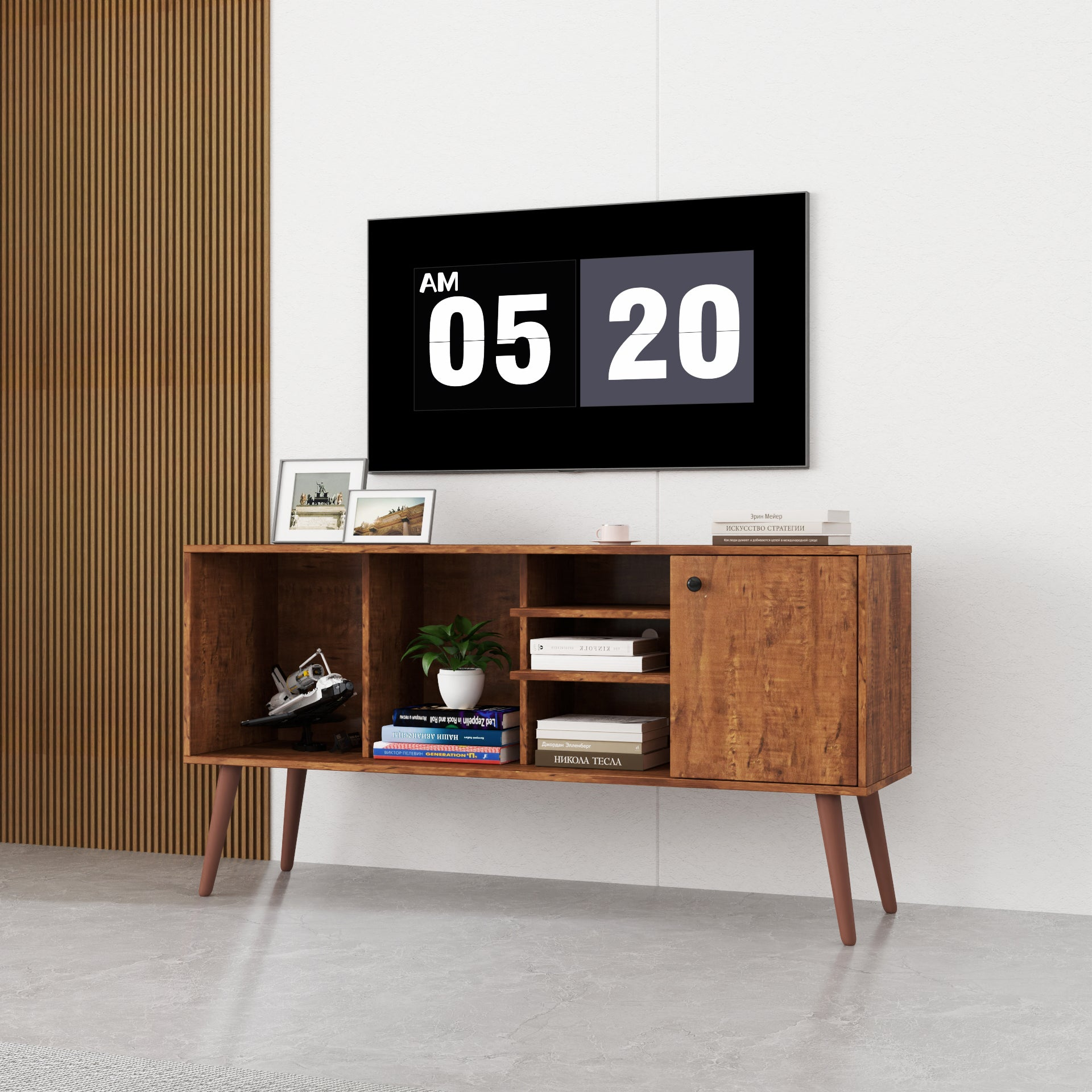 Start2Finish TV stand for living room with one storage compartment and three open shelves, modern furniture for media organization.