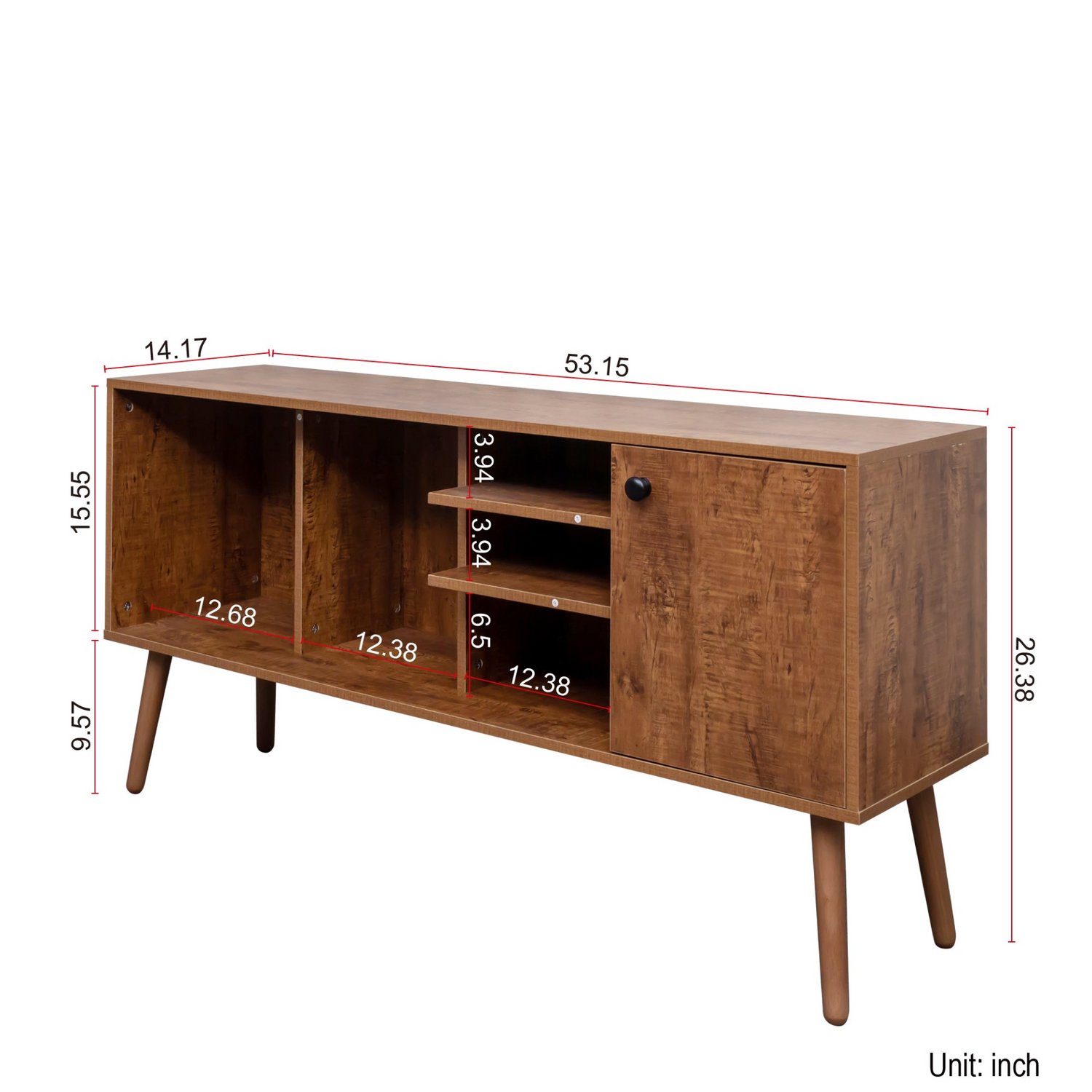Start2Finish TV stand for living room with one storage compartment and three open shelves, modern furniture for media organization
