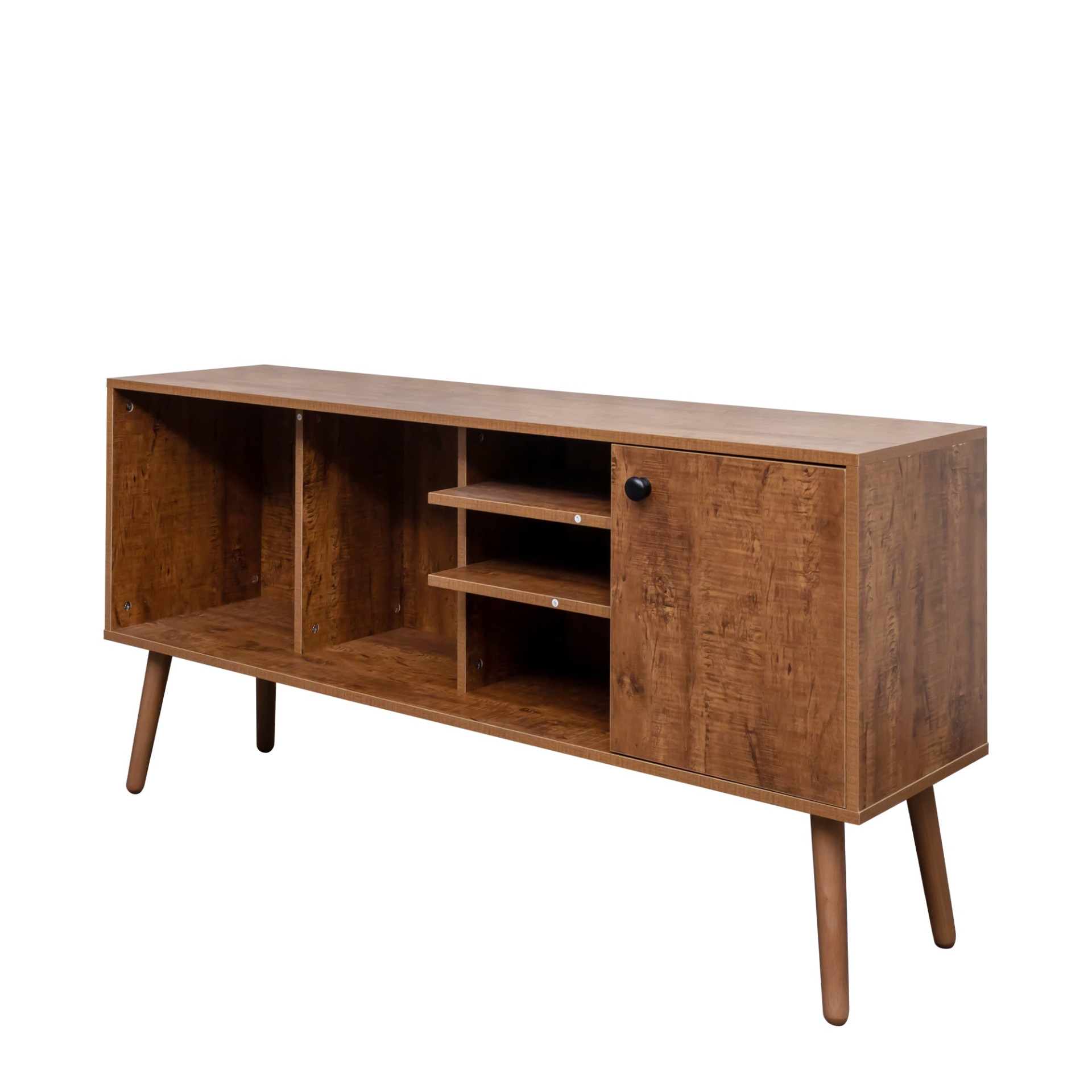 Start2Finish TV stand for living room with one storage compartment and three open shelves, modern furniture for TV and media storage.