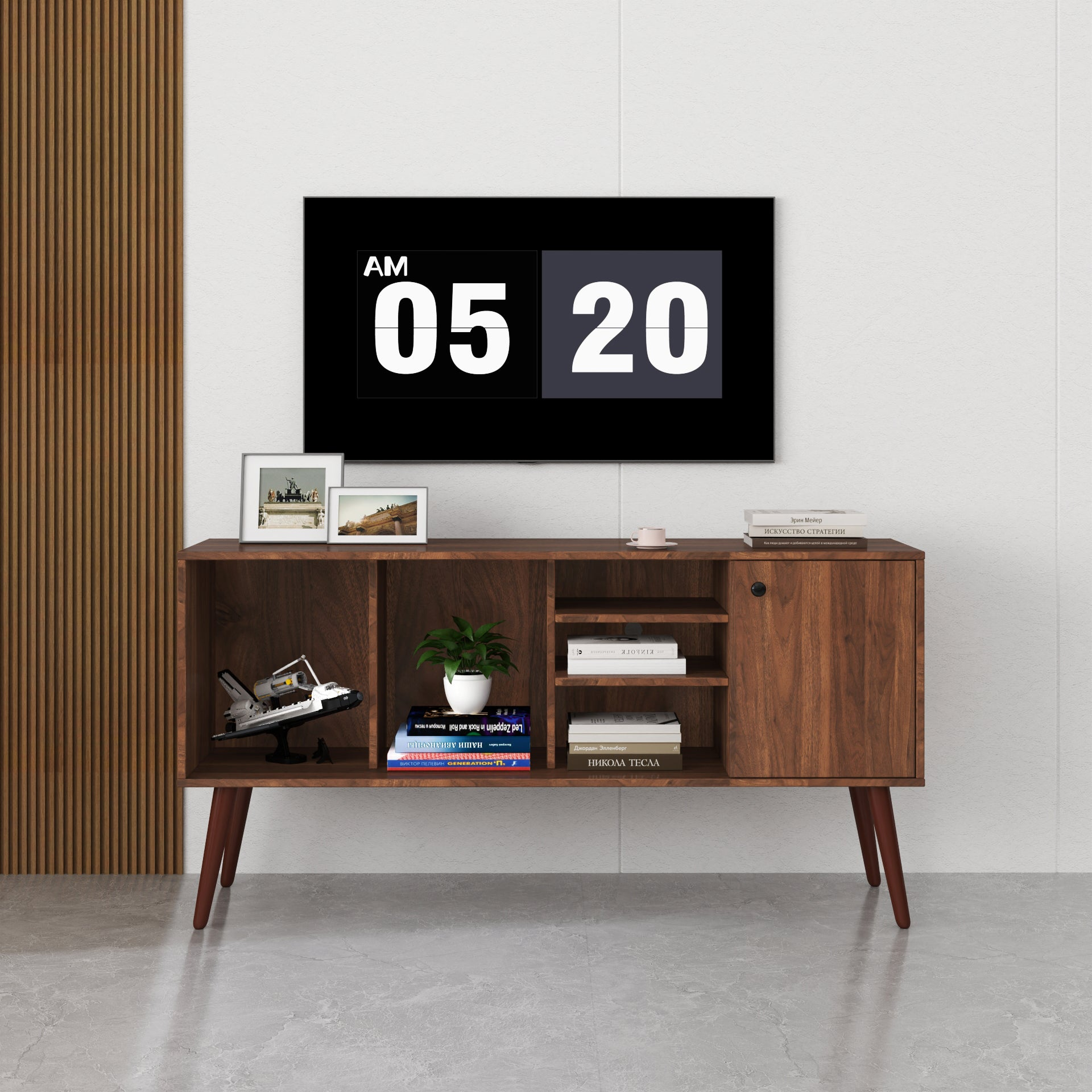 Start2Finish TV stand for living room with one storage compartment and three shelves, modern furniture for entertainment setup