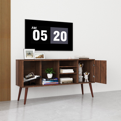 Start2Finish TV stand for living room with one storage compartment and three open shelves, modern furniture for entertainment setup.