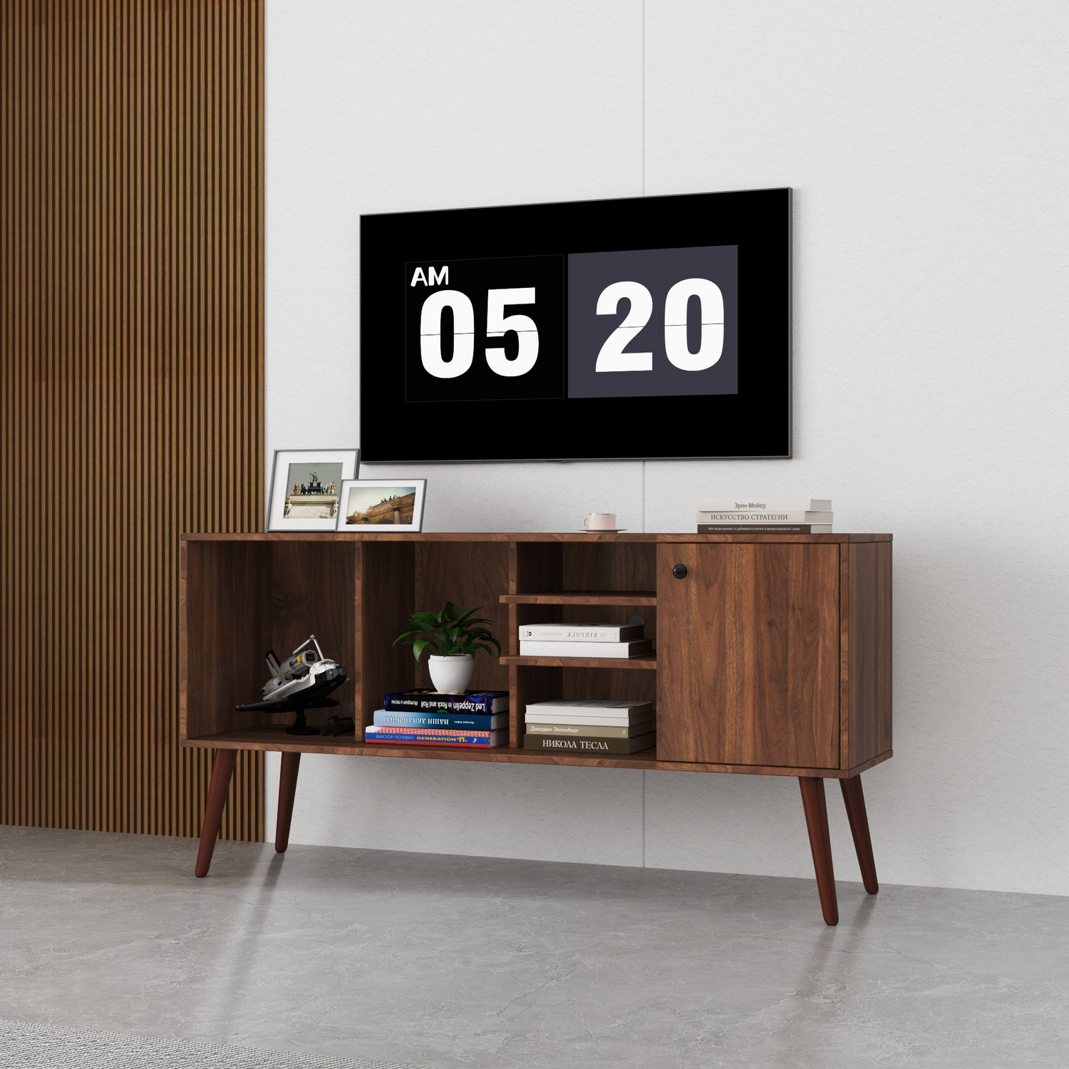 Start2Finish TV stand for living room with one storage compartment and three open shelves, modern furniture for entertainment setups