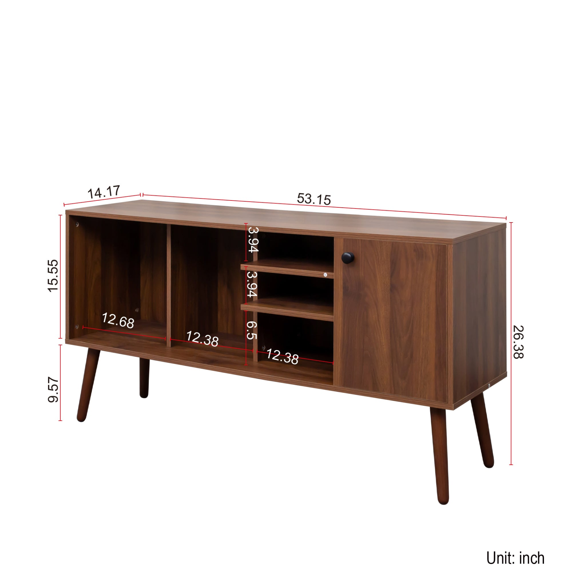 Start2Finish TV stand for living room furniture with one storage compartment and three open shelves, modern and functional.