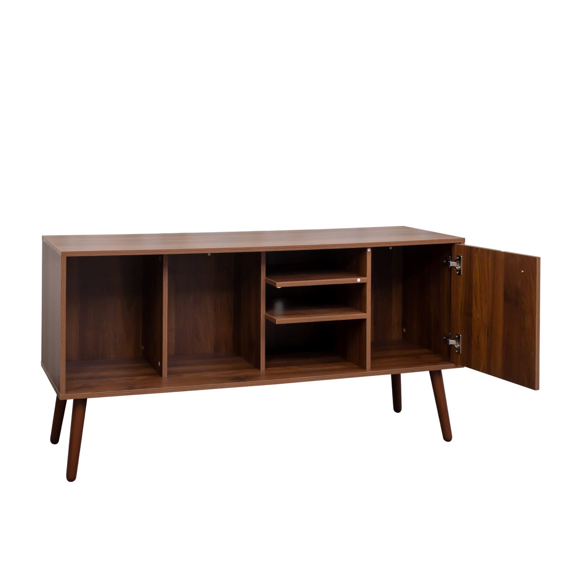 Start2Finish TV stand for living room furniture with one storage compartment and three open shelves, wood finish, modern design.