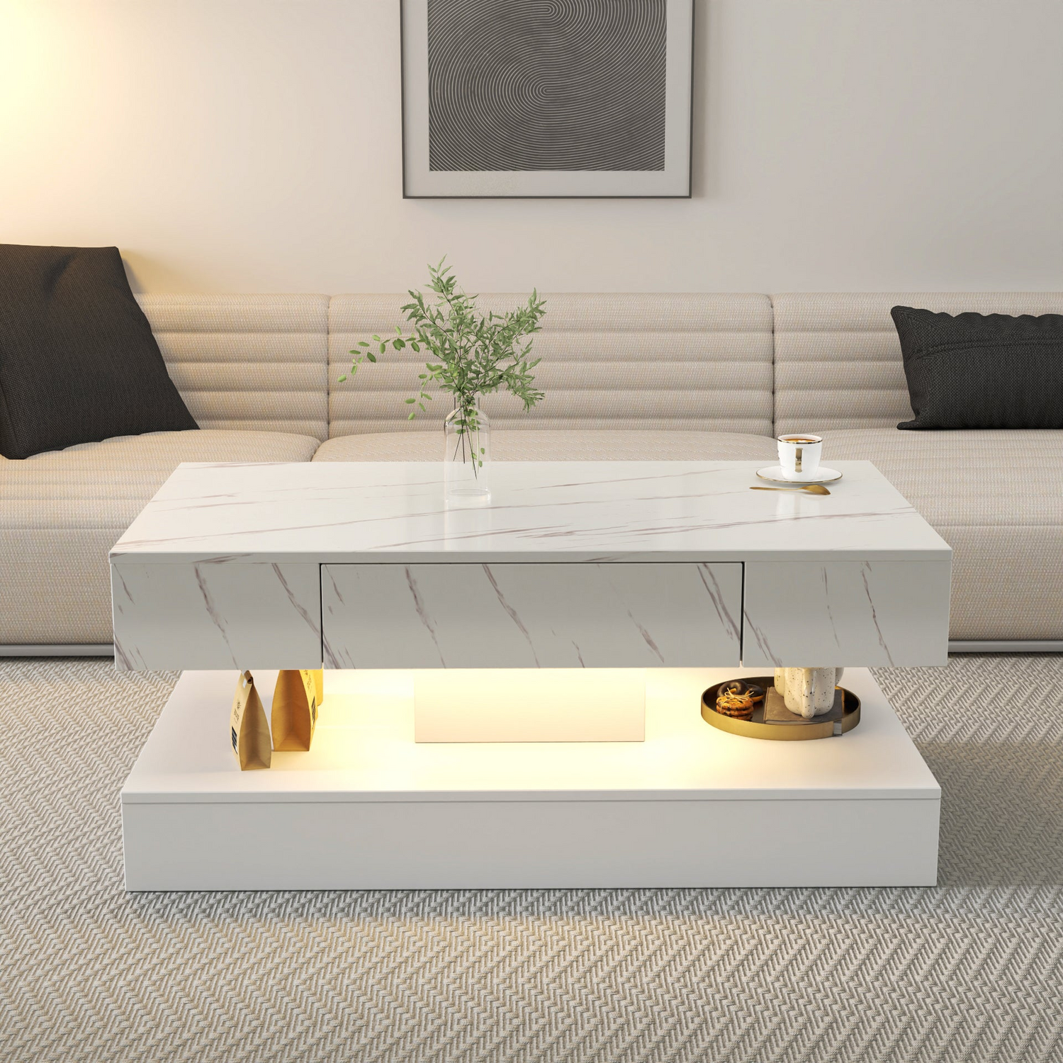Modern LED coffee table with ambient lighting by Start2Finish, featuring sleek contemporary design for living room decor.
