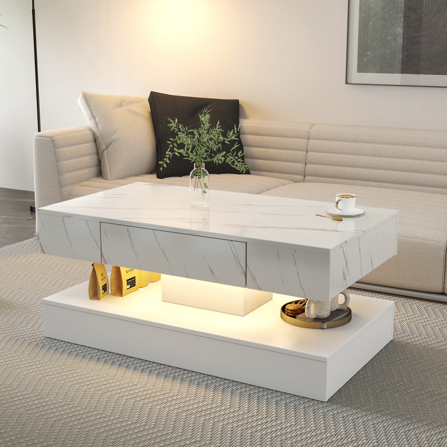 Modern LED coffee table with ambient lighting, showcasing sleek contemporary design for living room furniture by Start2Finish.