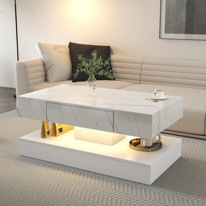 Modern LED coffee table with ambient lighting, showcasing sleek contemporary design for living room furniture by Start2Finish.