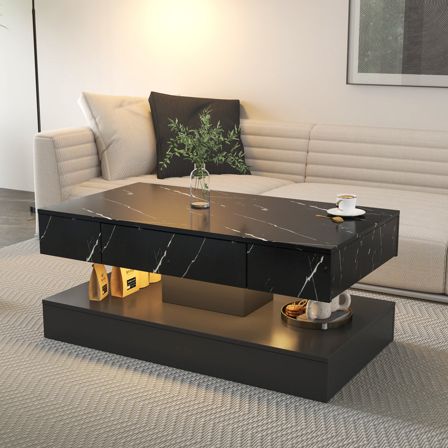 Modern LED coffee table with ambient lighting from Start2Finish, featuring a sleek contemporary design for stylish living room decor.