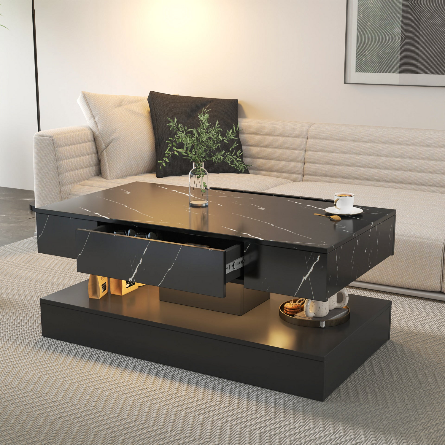 Modern LED coffee table by Start2Finish with ambient lighting, sleek design, and contemporary furniture for living room decor.