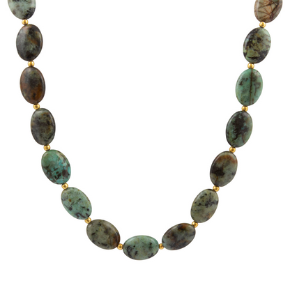 Patagonia green chrysocolla and golden long necklace with beads and pendant, stylish jewelry by Start2Finish