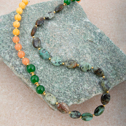Patagonia green chrysocolla and golden long necklace with beads and pendant, stylish jewelry accessory.