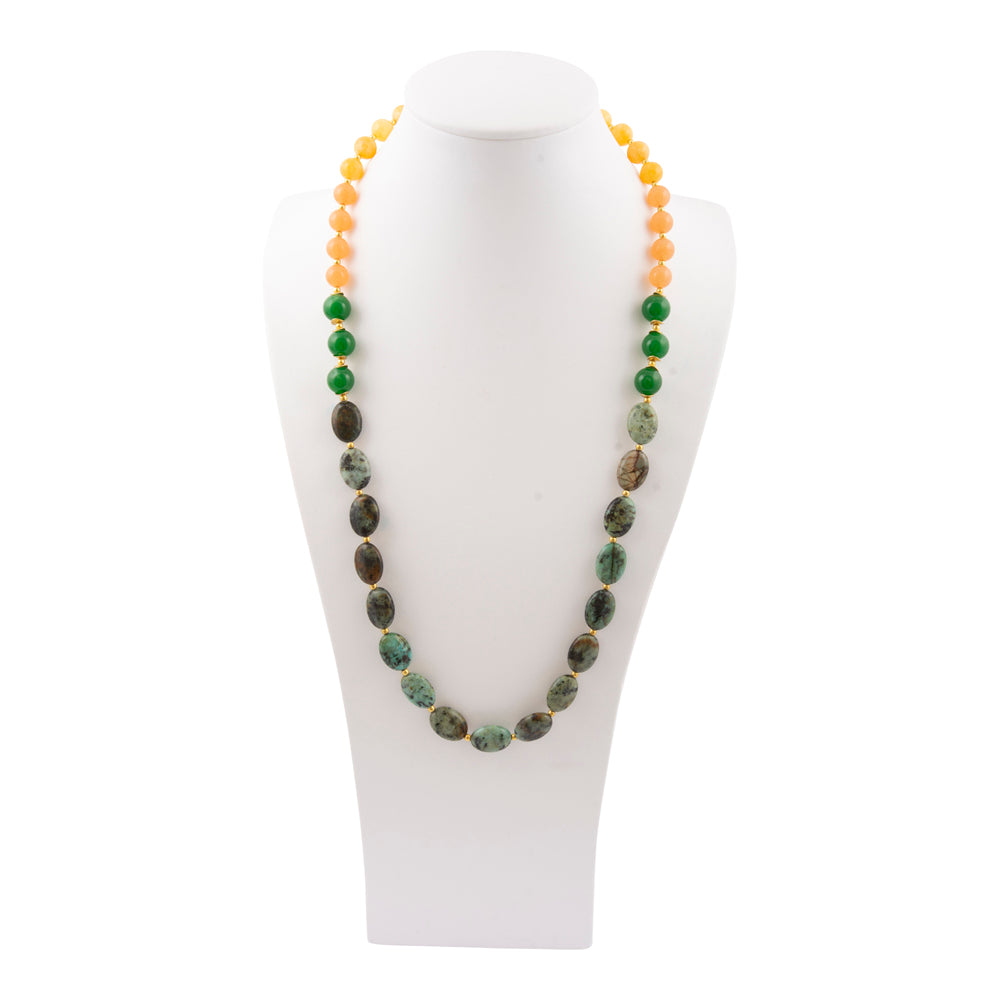 Patagonia green chrysocolla and golden long necklace with beads and pendant, stylish jewelry by Start2Finish.