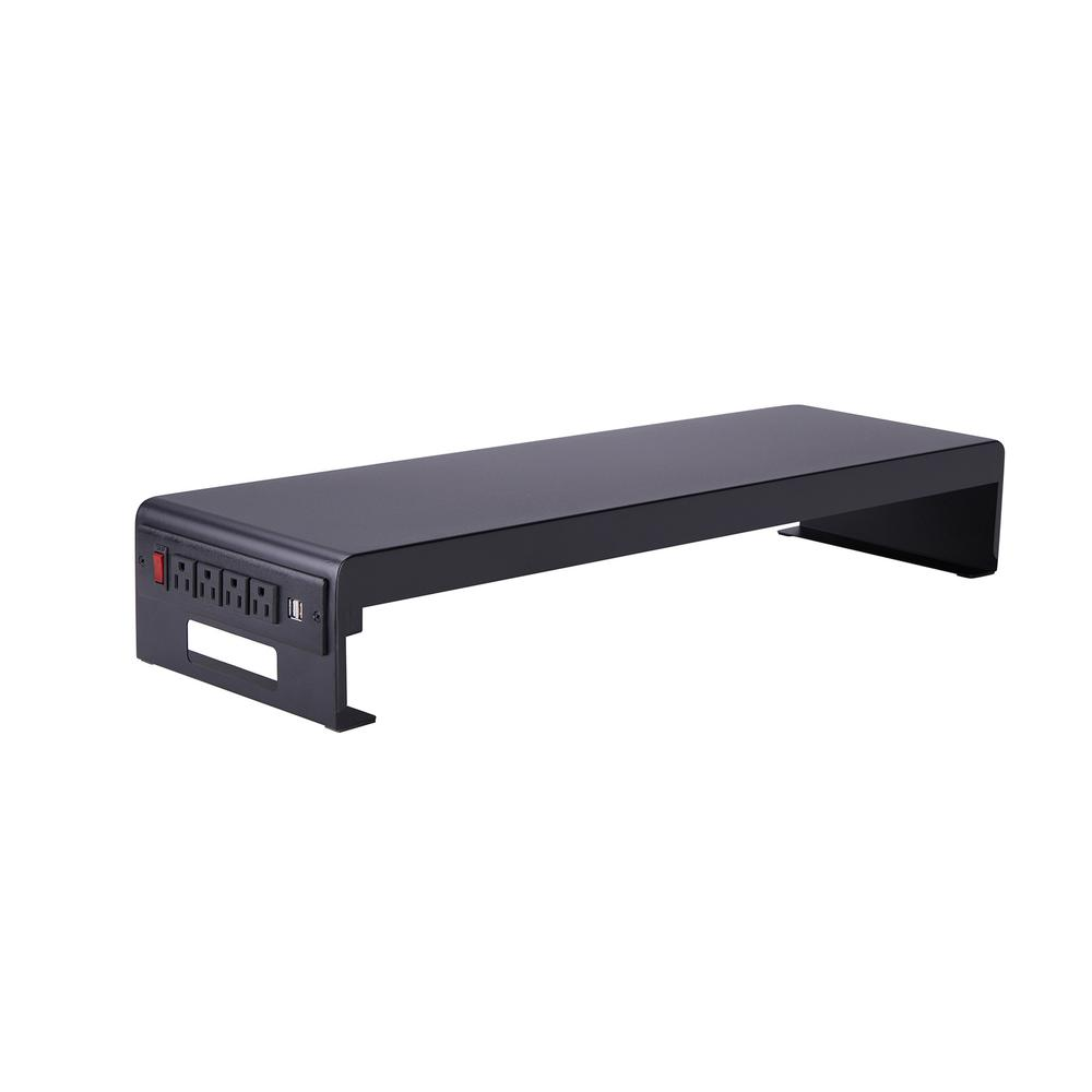 Start2Finish Rocelco 30-inch dual monitor stand with black metal frame, keyboard tray, cable management, and USB charging ports.