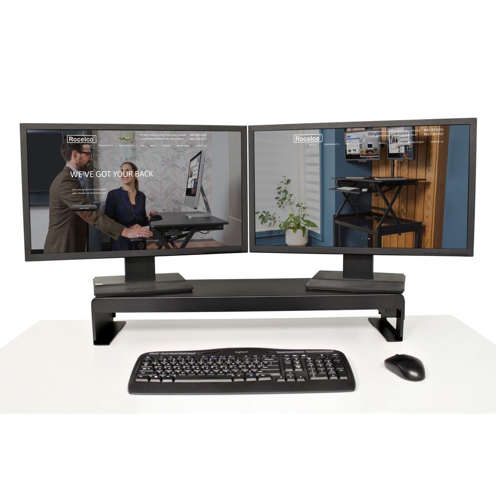 Start2Finish Rocelco 30-inch dual monitor stand with metal shelf, cable management, USB charging, and keyboard storage in black.