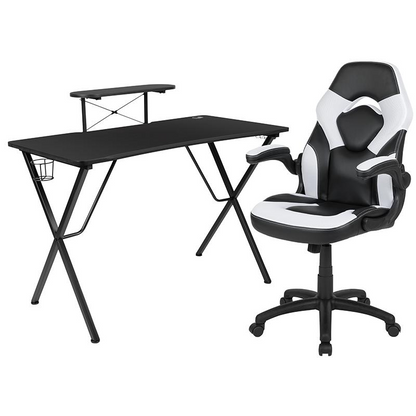 Start2Finish black gaming desk with white and black racing chair, ergonomic computer furniture set for gaming and work.