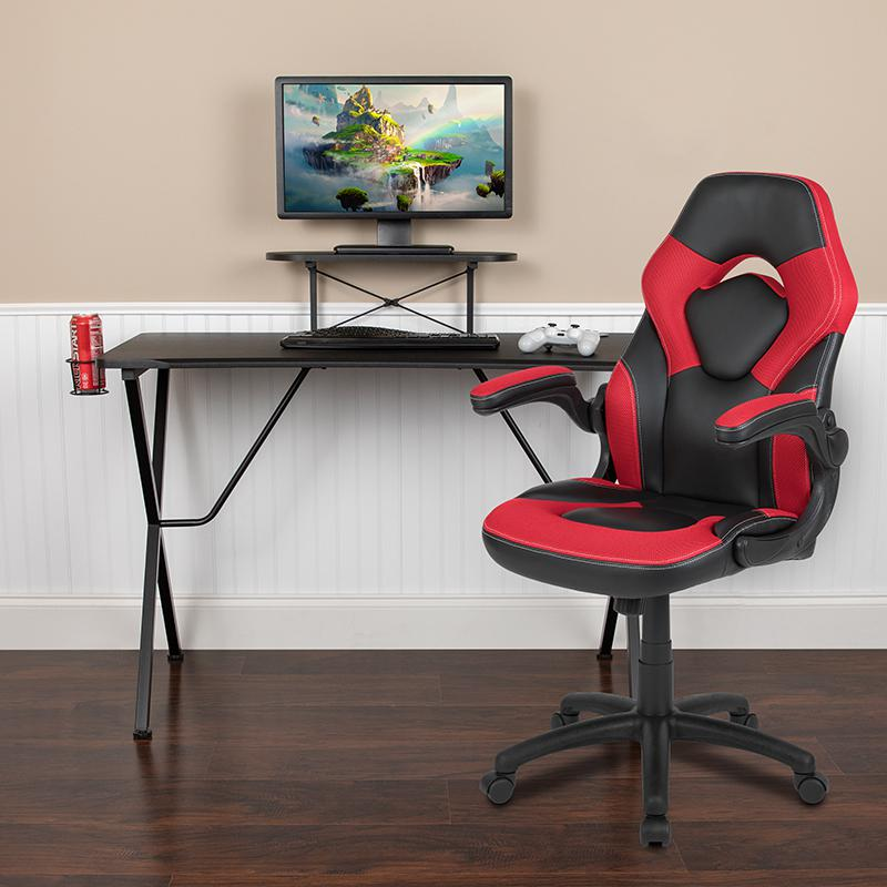 Start2Finish black gaming desk with red and black racing chair set, featuring a sleek workstation and ergonomic gaming chair.