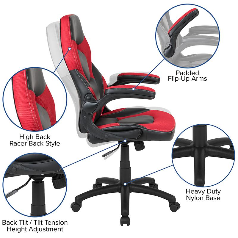 Start2Finish black gaming desk with a red and black racing chair set, featuring a spacious tabletop and ergonomic design.