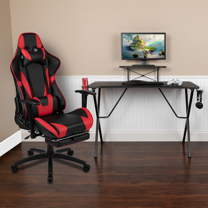 Start2Finish black gaming desk with matching red and black gaming chair and footrest, ergonomic gaming furniture set