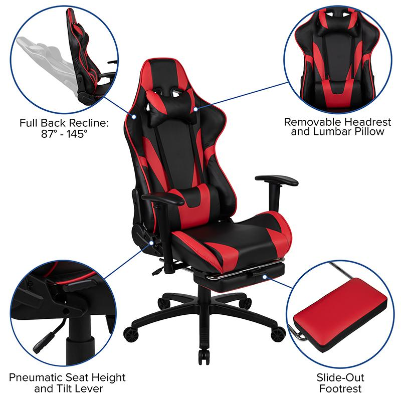Start2Finish gaming desk and red/black gaming chair with footrest, featuring a sleek black desk and ergonomic chair with red accents.