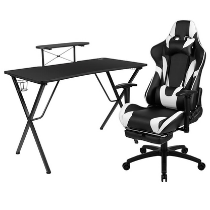Start2Finish black gaming desk and recliner gaming chair set, featuring a sleek black furniture design with a matching footrest.
