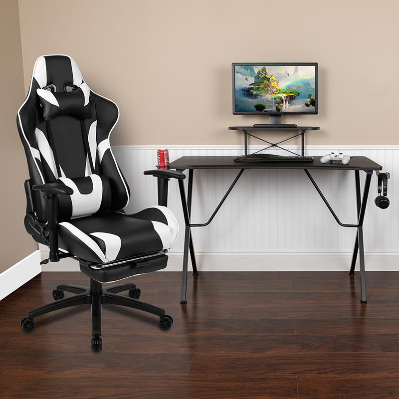 Start2Finish black gaming desk and reclining gaming chair set with matching black footrest, ideal for gaming and study spaces.