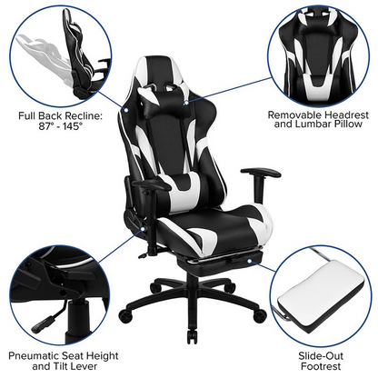 Start2Finish black gaming desk and reclining gaming chair set with matching footrest, ideal for a comfortable gaming or workspace.