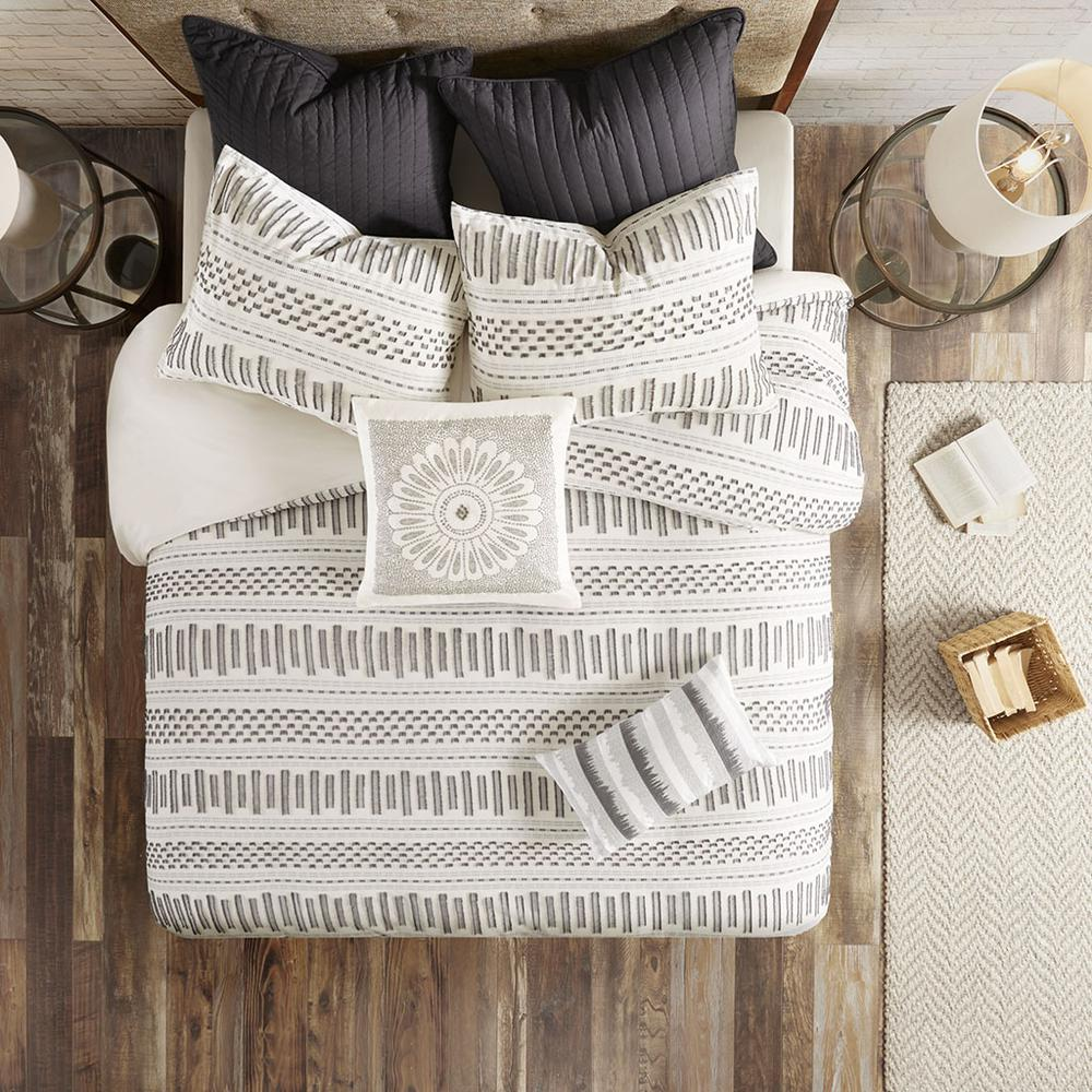 Start2Finish Rhea Cotton Jacquard Duvet Cover Mini Set in ivory and charcoal, featuring intricate woven patterns and matching pillow shams.