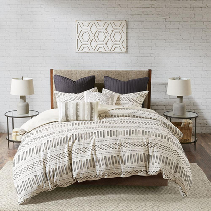 Start2Finish Rhea Cotton Jacquard Duvet Cover Mini Set in ivory and charcoal, featuring intricate woven patterns and matching pillowcases.