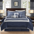 Genevieve 7-piece navy bedding comforter set by Start2Finish, showing neatly arranged comforter, pillow shams, and decorative pillows.